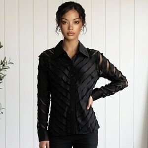 Eva Sheer Black Button-Up Blouse w/ Cutout Paneling Size M Edgy Chic Top